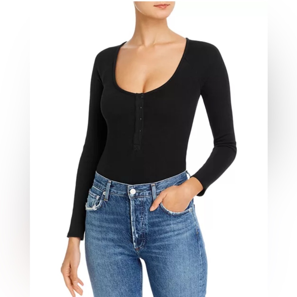 Good American Snap Front Bodysuit in Black, Long Sleeves Size 4/XL NEW w/Tag